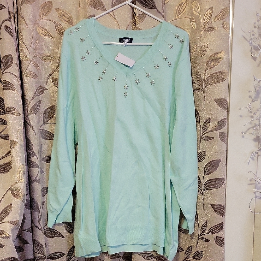 Basic Editions Mint V-Neck Sweater with Star Details
